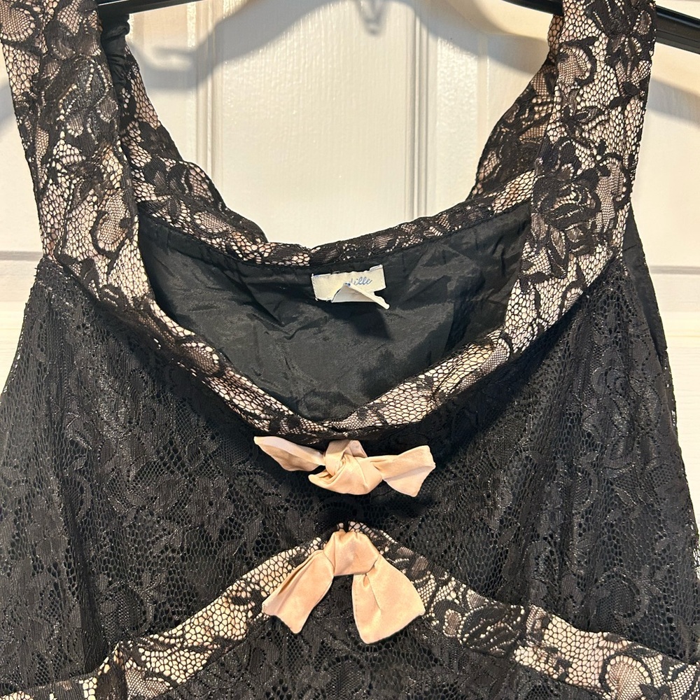 Odille Black Lace Chemise with Pink Bows